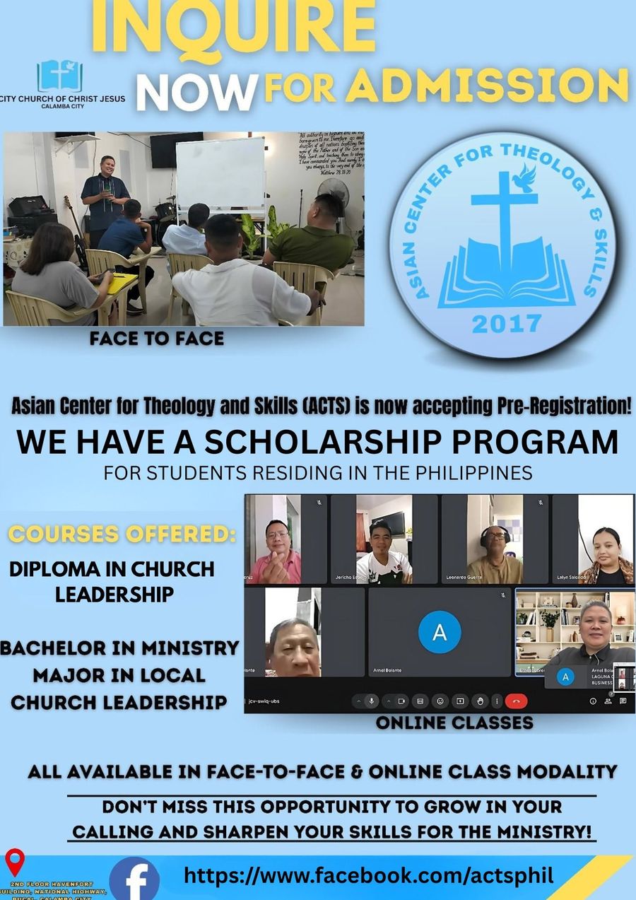 A.C.T.S. admission poster: inquire now, courses offered, face to face and online classes, scholarship program